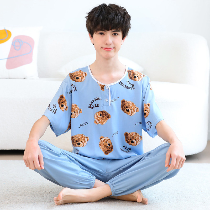 夏季大童薄款棉绸睡衣青少年男童人造棉家居服中学生绵绸短袖套装