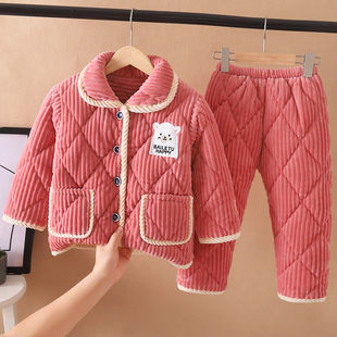 儿童法兰绒睡衣冬季女孩加厚款夹棉家居服女童男童珊瑚绒宝宝套装