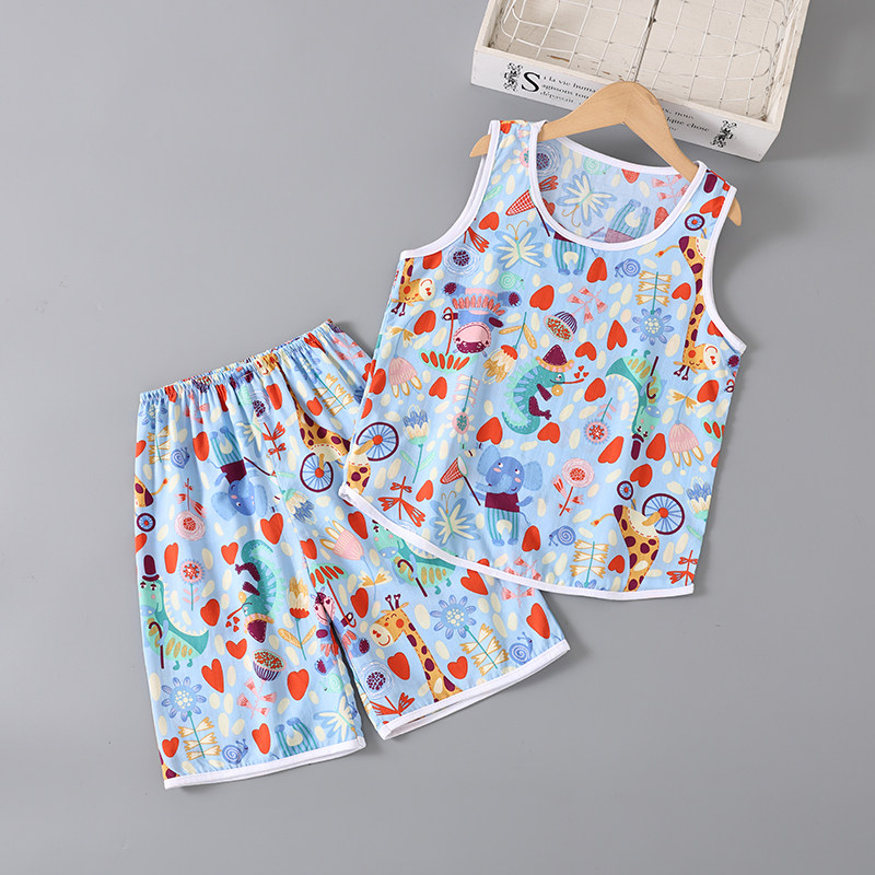 儿童夏季棉绸睡衣背心空调服薄款男孩宝宝绵绸套装男童女童家居服