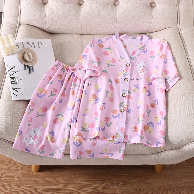 棉绸短袖家居服套装夏季薄款