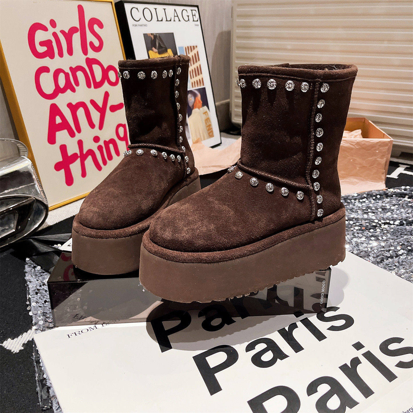 小众款复古水钻毛毛鞋翻领两穿小个子冬季雪地棉靴厚底勃肯靴女鞋,女鞋,时尚雪地靴,淘宝优惠券,粉丝福利购,淘宝优惠卷