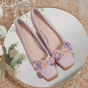 紫色绝美花朵方头高跟鞋女2024春夏新款新中式配马面裙子粗跟单鞋