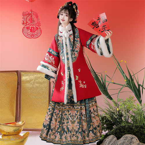 正品原创明制汉服女装2025新款冬季加厚刺绣长衫马面裙拜年服古装
