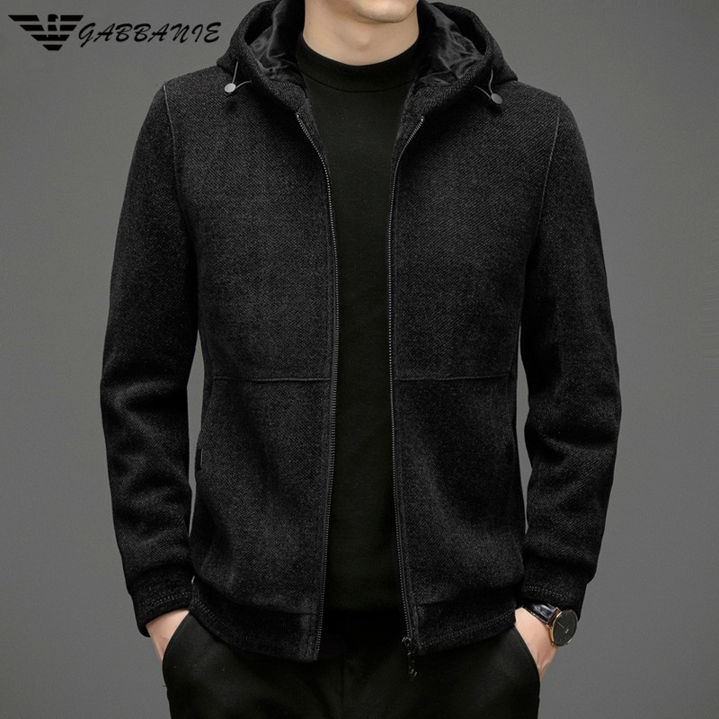 正品GABBANIE羊毛夹克男士连帽短款大衣秋季新款时尚休闲毛呢外套