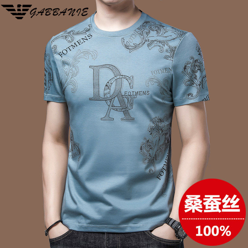 正品意大利高端男士桑蚕丝短袖t恤男2025夏季冰丝宽松真丝男装潮