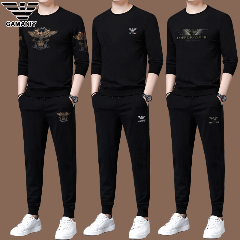 意大利高端男士休闲运动服纯棉加绒春秋新款潮流圆领卫衣休闲套装