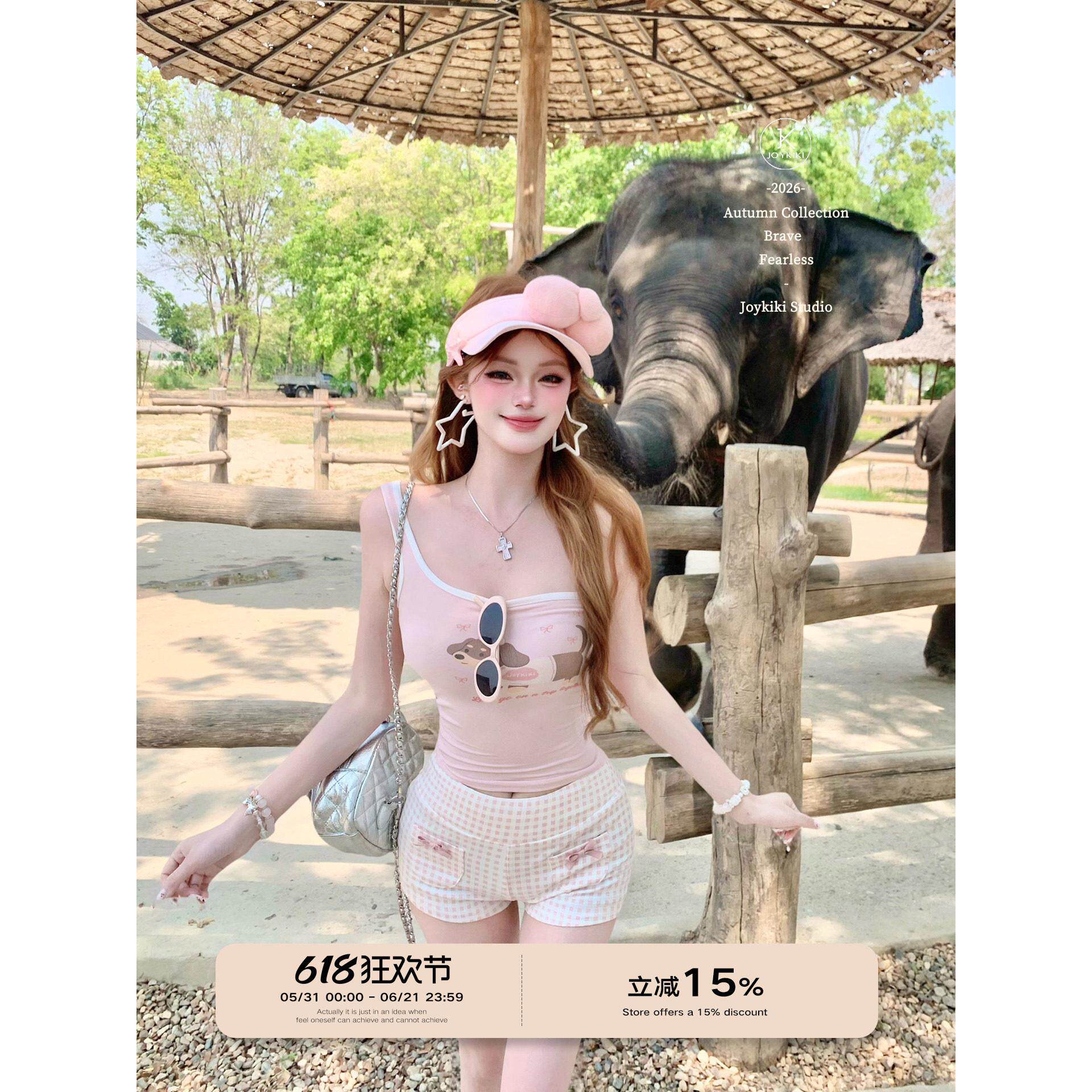 辣妹上衣女夏日无袖少女印花背心短裤热裤两件套装