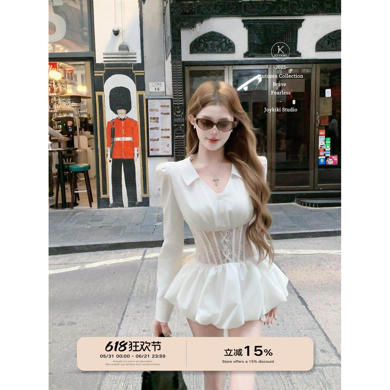 早春漂亮裙子女高级感收腰显瘦长袖短款衬衫裙白色连衣裙