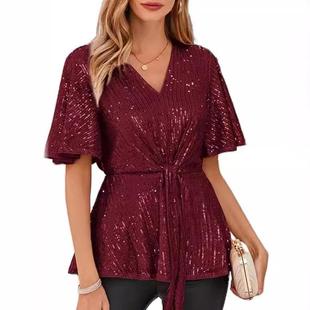 Trumpet Tie Shiny Contour Top Womens Front Neck Short