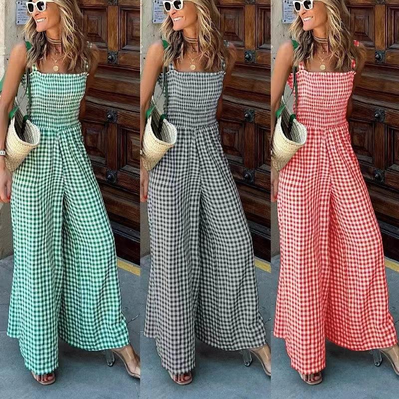 mid-waist womens trousers jumpsuit pants plaid Temperament