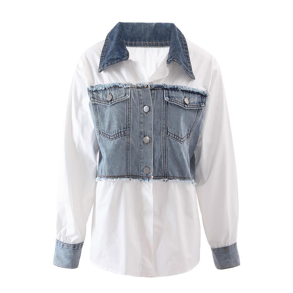 top casual versatile loose edge raw womens shirt denim