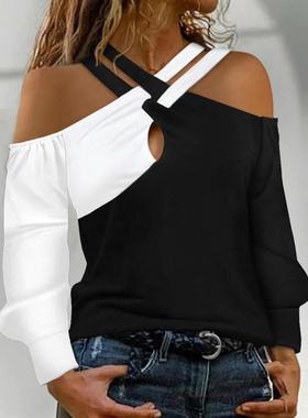 top long-sleeved neck halter off-shoulder colorblocked