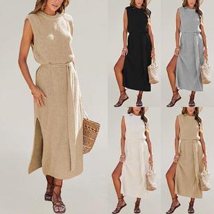 versatile solid dress Womens neck sweater slit belt color