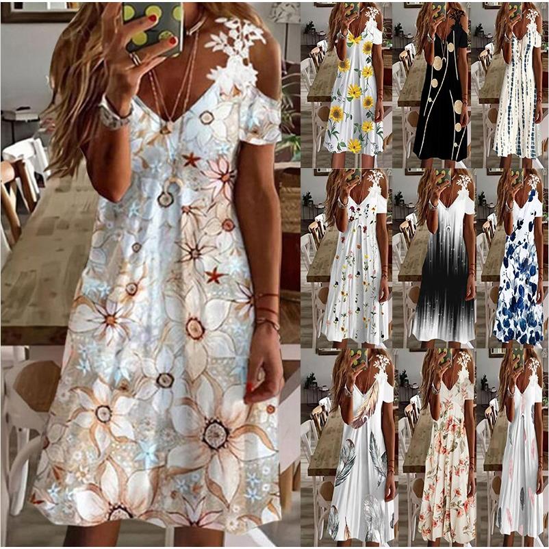 Womens Off-the-shoulder Lace Short-sleeved Dress