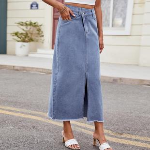 Long Womens Skirt Slit Denim Washed Irregular