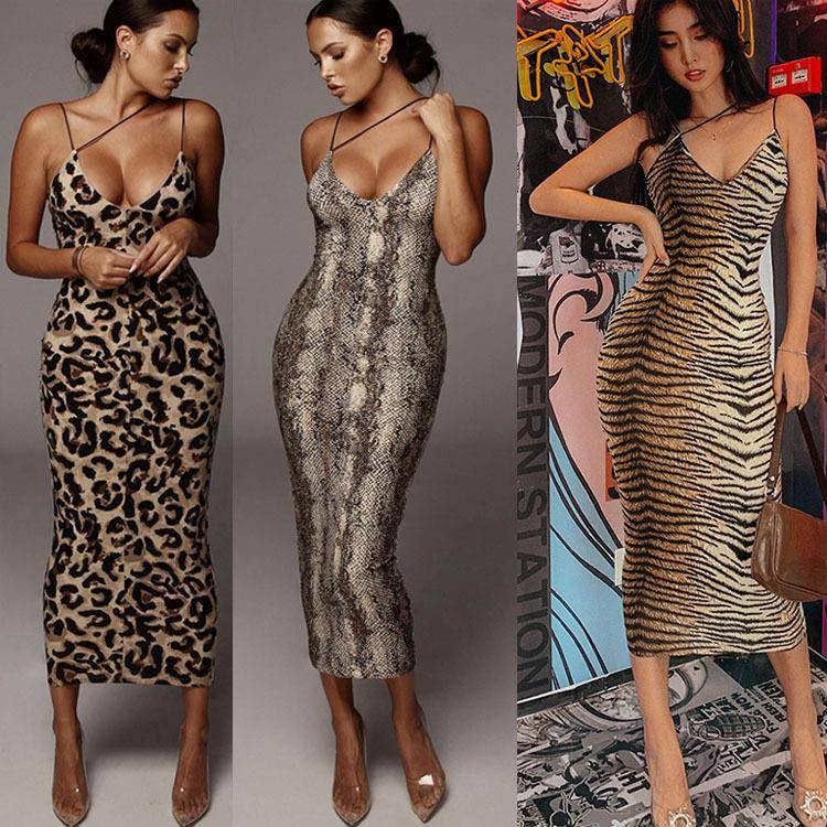 Dress Long Sexy Fit Slim Dress Print Leopard V-neck