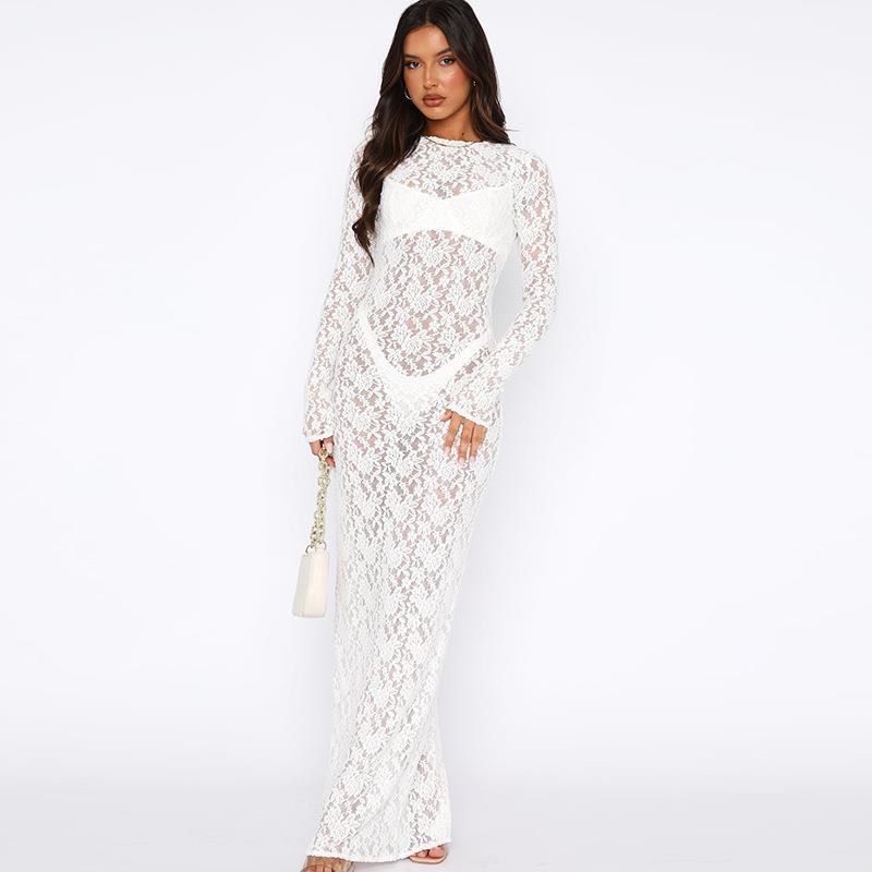 Womens close-fitting sexy long-sleeved lace hollow