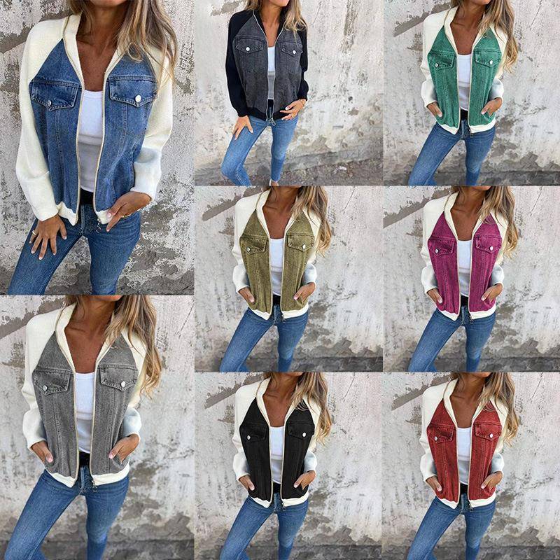 Denim patchwork jacket casual fashion shoulder-grazing
