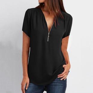 Sleeve Ladies Loose Color Top Short Zipper Shirt Neck