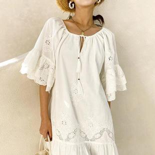 dress pullover lace white waist loose cotton color solid