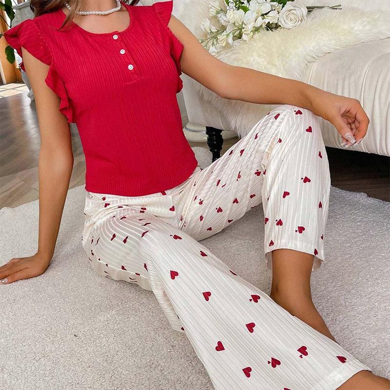pajamas home heart ruffled wearable wear Womens trousers