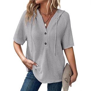 Top Short Sleeve Drawstring Lightweight Waffle Womens Knit