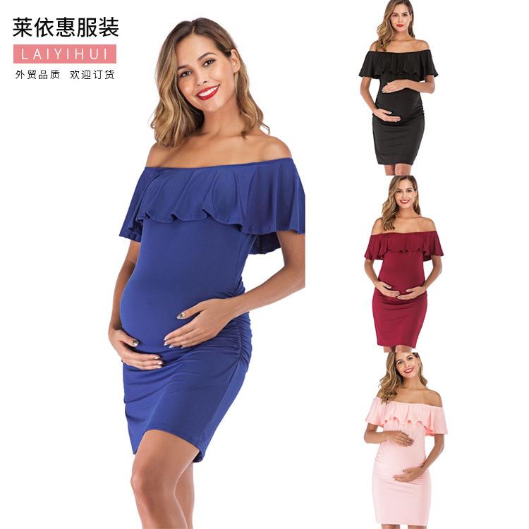 Dress Maternity Skirt Midi Color Solid Pleated Neck