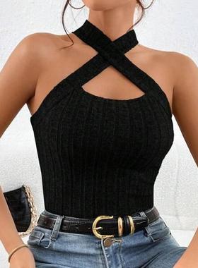 women halter tops female off shoulder crop cross strappy