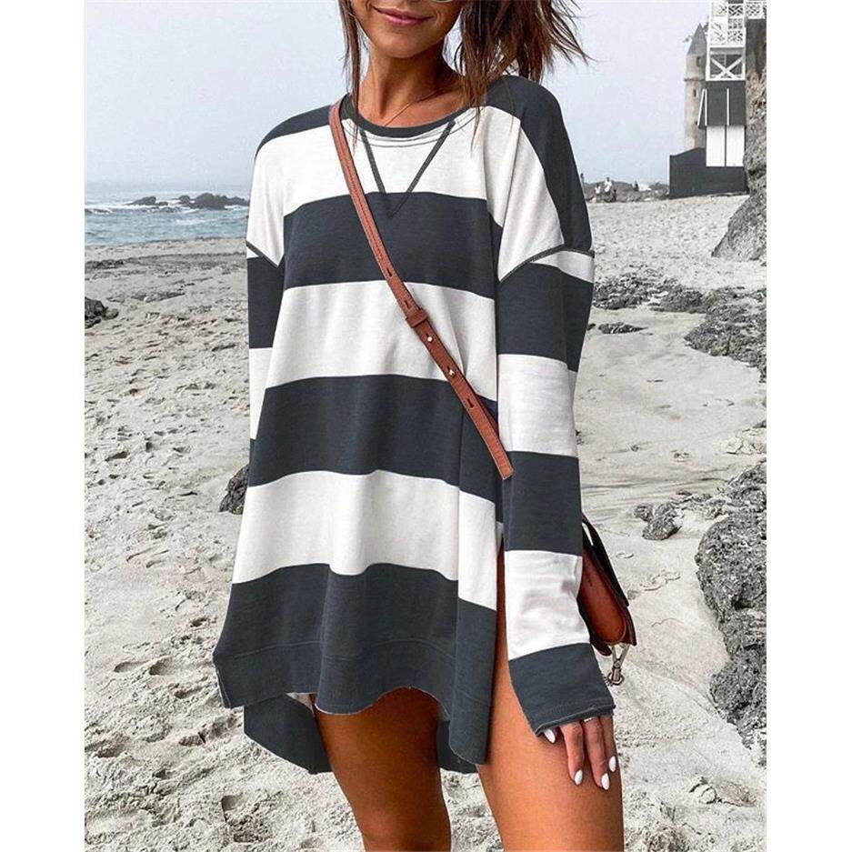 Women's Striped Long Sleeve Sweatshirt with Side Slits