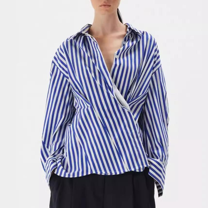 womens and long white shirt button irregular striped shirt