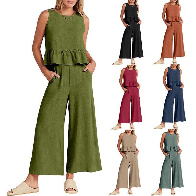 Womens Sleeveless Pleated Vest Wide Leg Cropped Pants