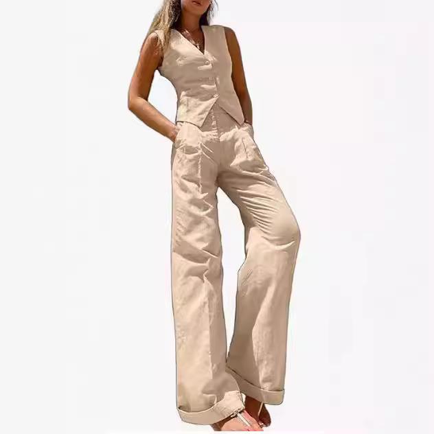 Pants Sleeveless Linen Vest Straight Color and Top Set