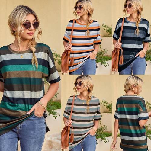 top size large short-sleeved all-match neck round striped