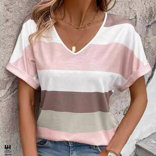 shirt sleeved neck loose Womens top short striped