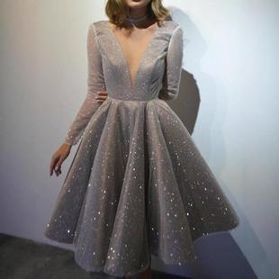 sexy neck Womens printed dress gold sleeve long