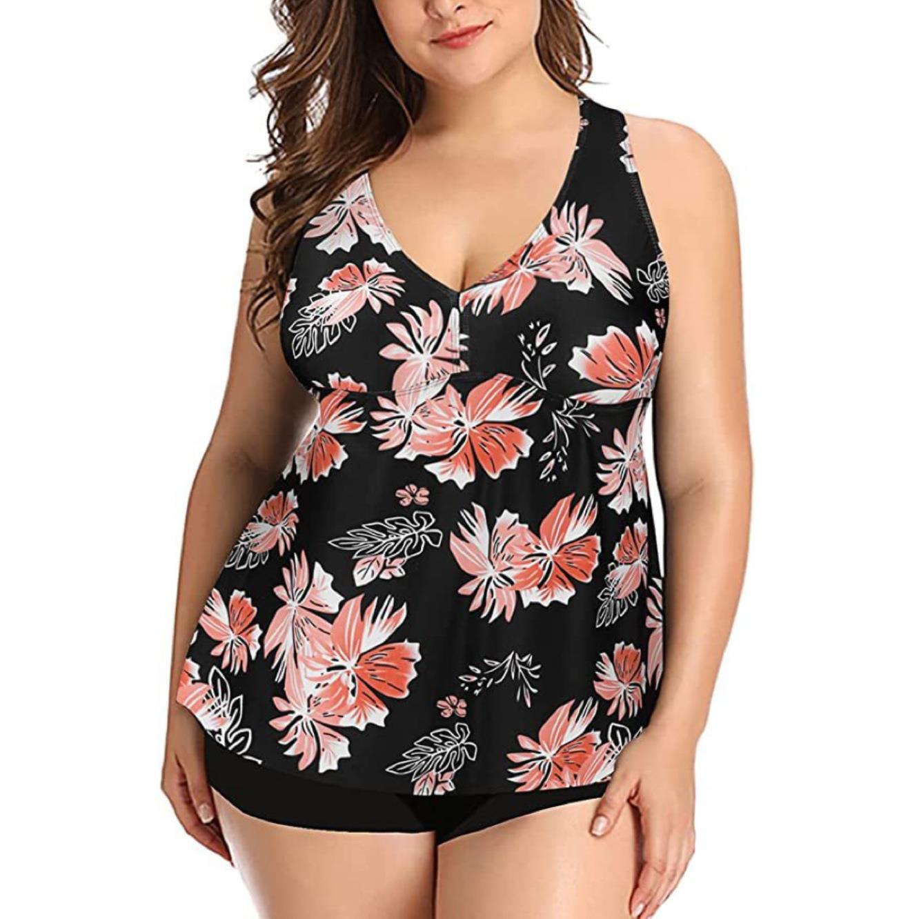 Fat woman plus size swimsuit black floral split bikini