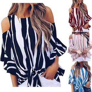stitching striped sleeve loose casual top lace