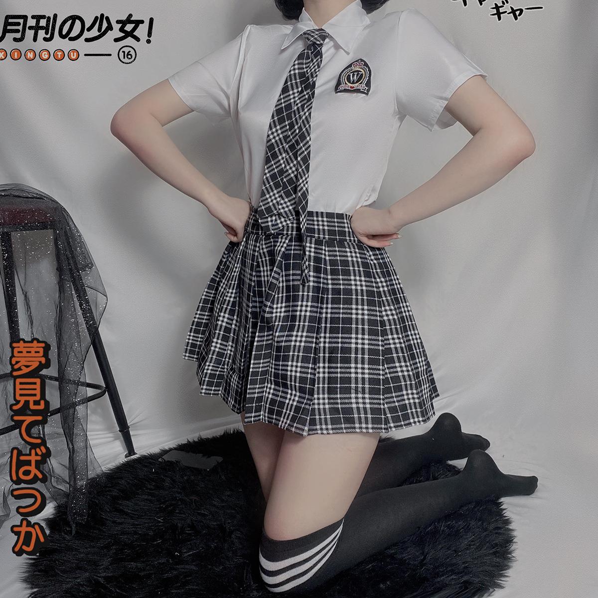 play role uniform campus pure split tie plaid outfit