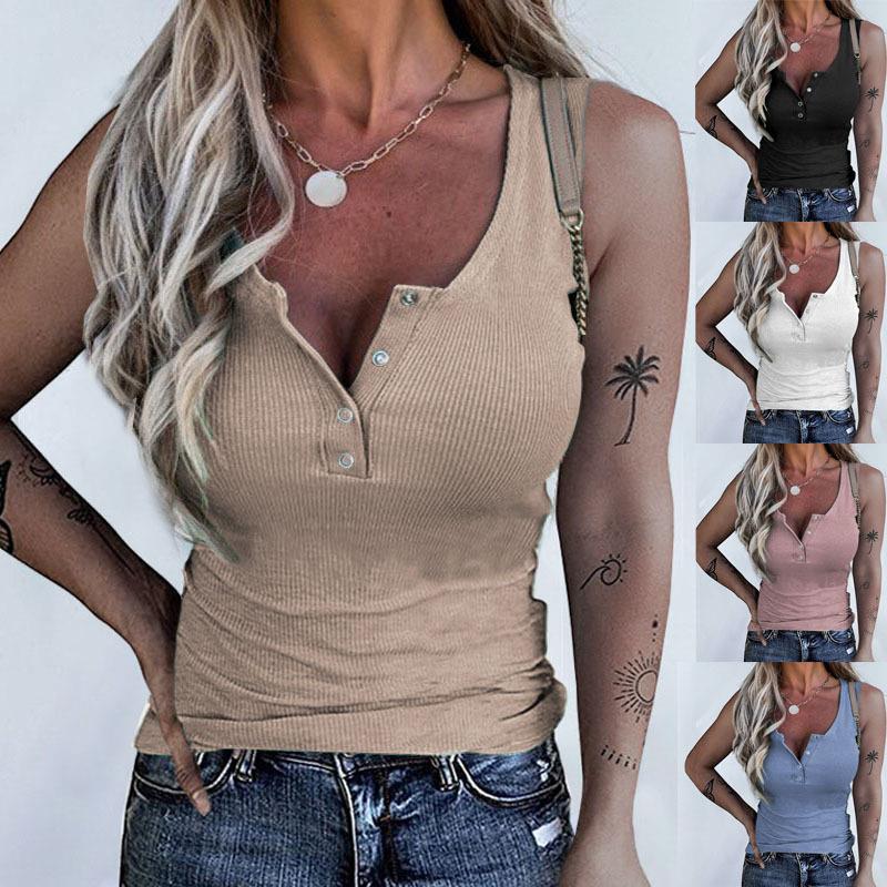 Womens Threaded Button Slim Fit Vest Top T-Shirt