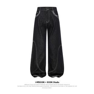 小柯xcok美式复古cleanfit提花拼接原牛弯刀牛仔裤男款直筒微喇裤