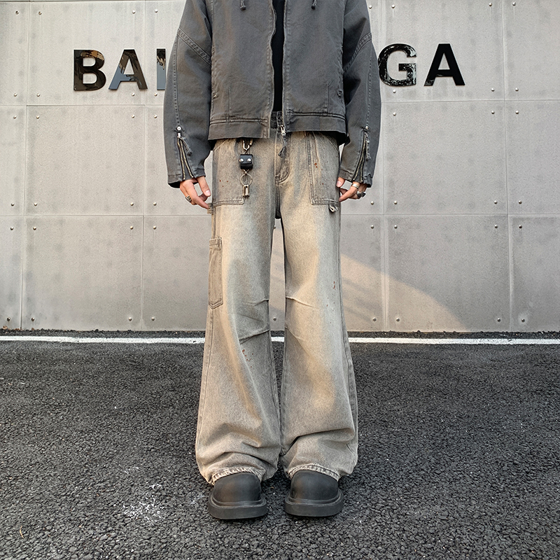 小柯xock美式复古泼墨微喇牛仔裤