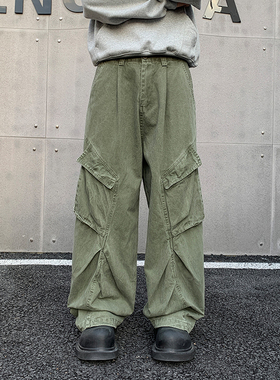 小柯XCOK美式复古绿色设计感口袋工装裤男宽松休闲褶皱直筒阔腿裤