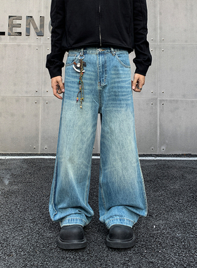美式高街新款水洗蓝色牛仔裤男复古直筒宽松cleanfit阔腿百搭长裤