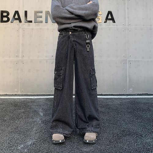 美式复古斜门襟工装牛仔裤