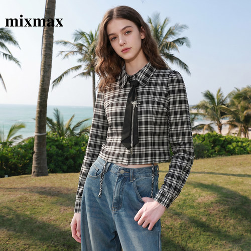MIXMAX/美姿宝莲学院风短款衬衫2026秋新款领带显瘦长袖格纹衬衣