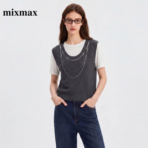 MIXMAX/美姿宝莲松弛感假两件上衣2026夏新款链条针织拼接短袖T恤