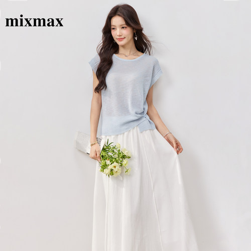 MIXMAX/美姿宝莲2026夏新款韩系浅蓝扭结针织短袖垂感半身裙套装