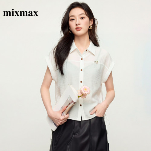 MIXMAX/美姿宝莲2026夏新款落肩小飞袖抽绳收腰肌理感透气衬衫女