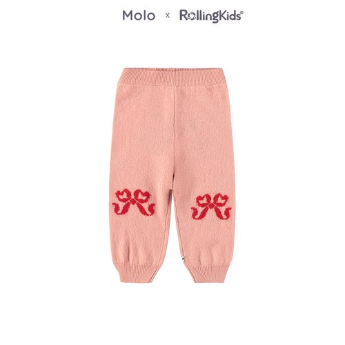 Molo 粉色蝴蝶结印花针织长裤男女童百搭休闲长裤丨RollingKids