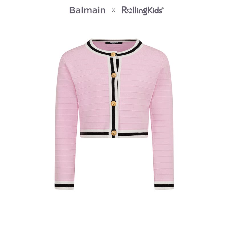 BALMAIN 小香风圆领针织开衫浅粉色短款针织外套丨RollingKids
